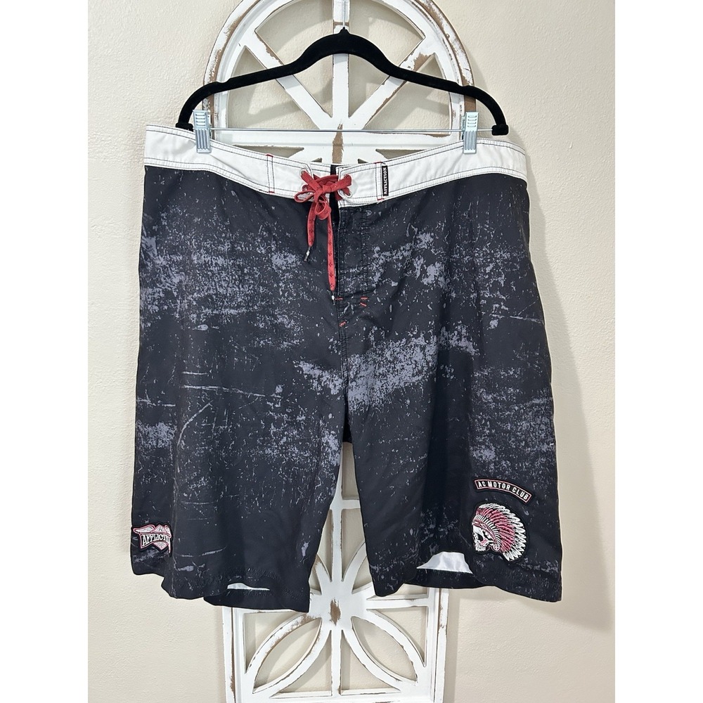 Affliction Board Swim Shorts Men's Sz 40 Patches Drawstring 1 Pocket Trunks